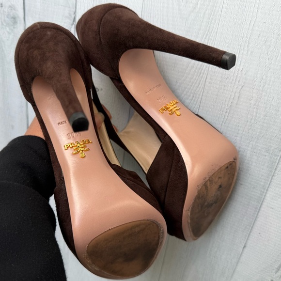 Prada Brown Suede Cut Out Heels Size 39.5/9.5 - Picture 7 of 9